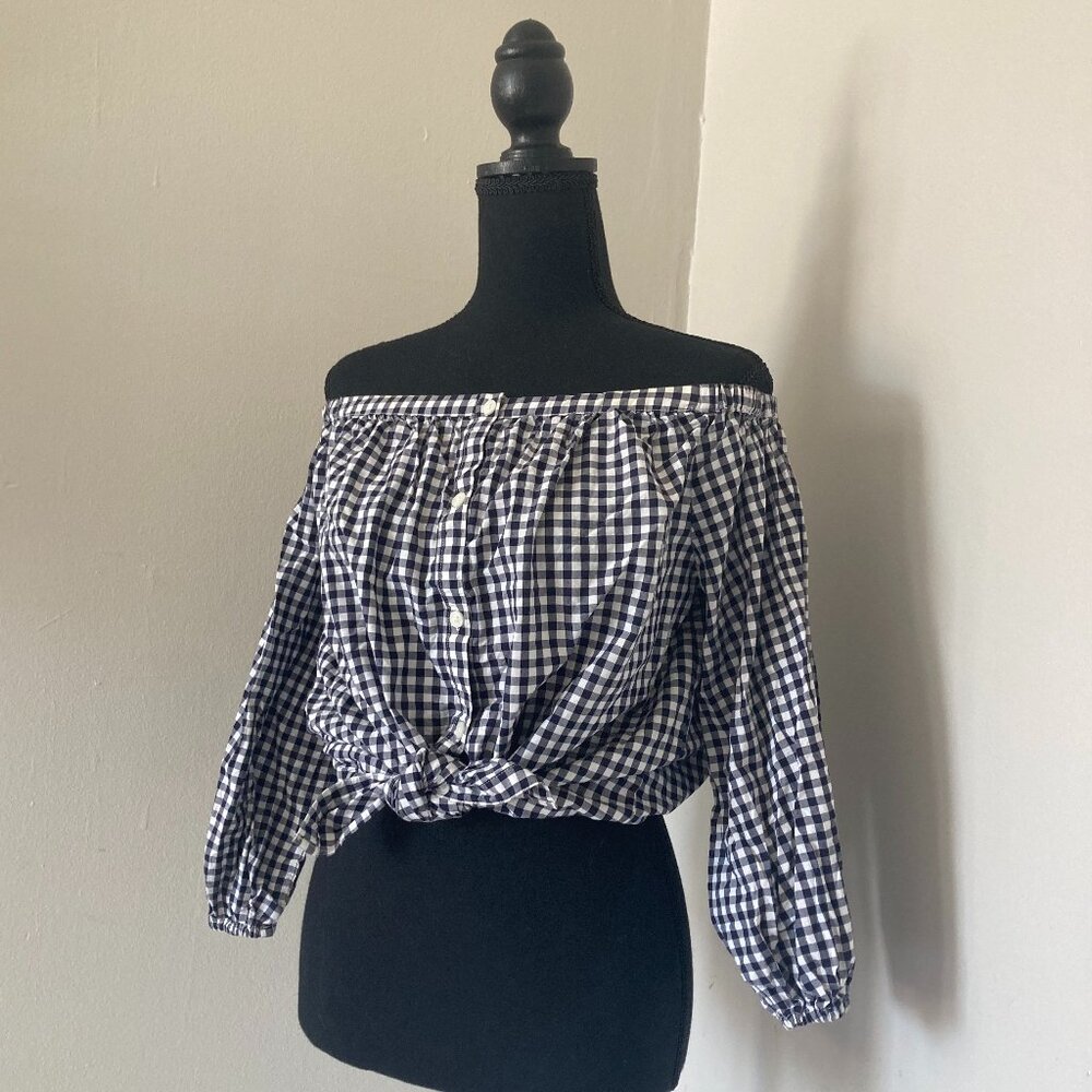 Off-Shoulder Blue Gingham Button Up Top